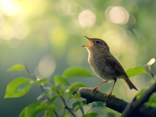 Bird Singing on Branch with Sunlight