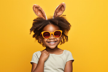 Banner of African American happy smiling young elementary school girl with cute bunny rabbit ears on studio yellow yellow background. Empty space place for text, copy paste, horizontal