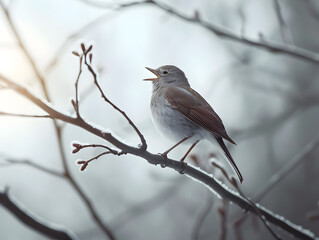 Bird Singing in Snow with Sunlight