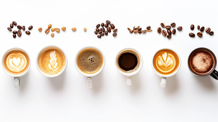 selection of different types of coffee with coffee beans, on white background