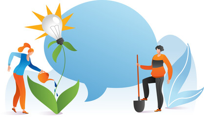 Woman watering plant with light bulb flower, man with shovel next to large leaves. Innovation and growth in business concept vector illustration.
