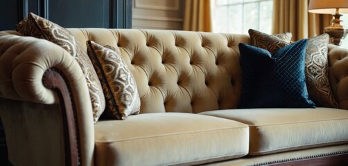  a couch with a bunch of pillows on it in front of a window with a lamp on the side of the couch and a lamp on the side of the couch.