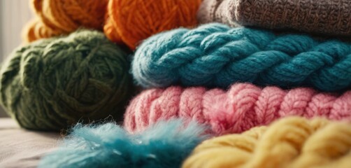 a pile of balls of yarn sitting on top of a bed next to each other on top of a white bed cover with blue, green, yellow, red, orange, pink, and orange and green yarn.