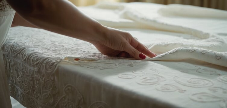  a close up of a person's hand on a bed with a white bedspread and a white comforter on top of a bed with a white bedspread.