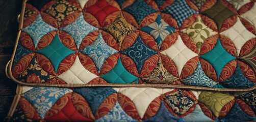  a close up of a colorful quilted pillow on a wooden surface with a zippered closure on the front of the pillow and the back of the pillow is made of a multicolored fabric.
