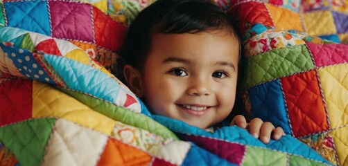  a little girl that is laying in a bed under a blanket with a smile on her face and a blanket over her head that has a multicolored quilt on it.