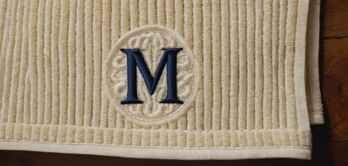  a close up of a towel with a monogrammed letter m in the middle of the letter m on the front of the towel is made of white corded material.