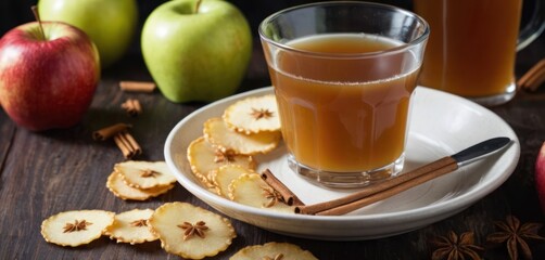  a glass of apple cider next to sliced apples and cinnamon sticks on a plate with cinnamon sticks and star anise on a wooden table with apples in the background.