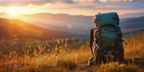 Obraz premium Touristic backpack on blurred astonishing wild landscape background at golden hour