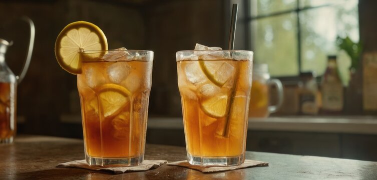  two glasses of iced tea with lemon and a slice of lemon on the edge of the glass and a pitcher of tea in the background with a pitcher and pitcher.
