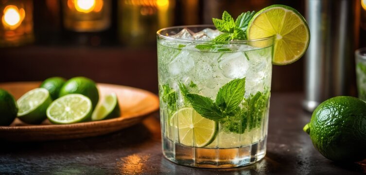  a glass filled with ice and limes next to a plate of limes and a plate of limes on a table with a bowl of limes in the background.