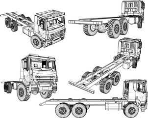 Vector sketch illustration of trailer truck design without container - obrazy, fototapety, plakaty