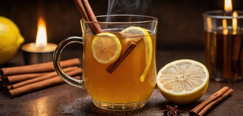  a cup of hot tea with cinnamon, lemon, and a slice of lemon on a table next to some cinnamons and a lit candle with a cinnamon stick.