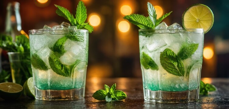  two glasses of mojito with mint and lime garnish on a table with boke of lights in the backgroung of the room in the background.