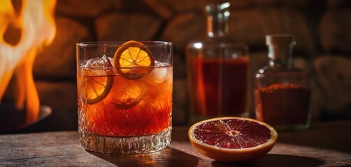  a close up of a drink in a glass with a slice of grapefruit on a table next to a fire place and a bottle of wine and a glass.