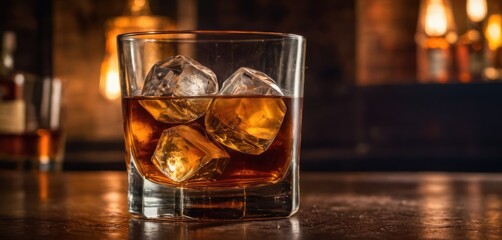  a glass of whiskey with ice cubes sitting on a table in front of a bottle of whiskey and a glass of whiskey on a table in front of a bar.
