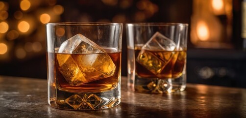  two glasses of whiskey with ice cubes sitting on a table next to a bottle of wine and a bottle of wine in a glass on the side of the table.
