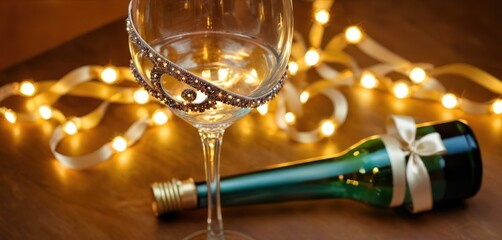  a glass of wine and a bottle of wine on a table with a string of lights behind it and a bottle of wine in the foreground with a ribbon on the table.