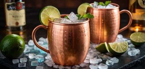  two copper mugs filled with ice, limes, and a bottle of booze next to ice cubes and limes on a black tray with ice.