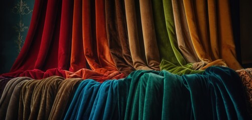  a row of multicolored drapes sitting next to each other in front of a window with a curtain in the middle of the row of the drapes.