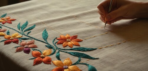  a close up of a person writing on a piece of cloth with a pen and a piece of cloth with a flower design on it and a person holding a pen in their hand. - obrazy, fototapety, plakaty
