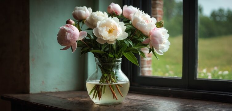  a vase filled with pink and white flowers sitting on a window sill next to a window sill with a green field in the background and a window sill.