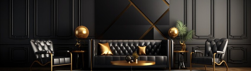 Modern living room interior design with black leather armchair and gold decoration 3d render 3d illustration