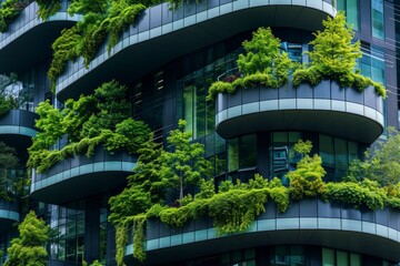 Fototapeta na wymiar green plants are growing in the trees on the balconies of a modern building, in the style of futuristic cityscapes, contemporary glass, rounded