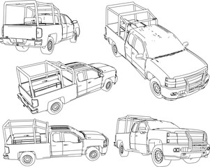 Vector sketch illustration of the design of a pickup car modified to carry passengers - obrazy, fototapety, plakaty