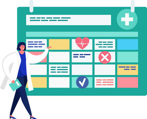 Female doctor presenting a big health schedule planner. Medical professional with a large appointment calendar. Healthcare scheduling and routine checkups vector illustration.