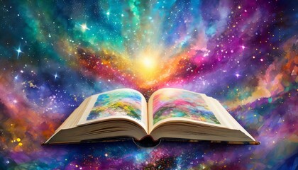 an open book titled "The Universe Unfolds," with each page unfolding into a unique dreamscape. Utilize a whimsical color palette and intricate details to convey the magical journey awaiting beyond eve