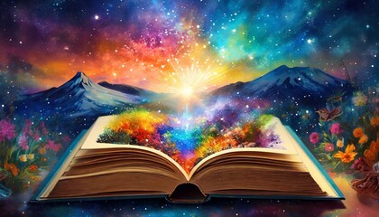 magic book with magic lights.an open book titled "The Universe Unfolds," with each page unfolding into a unique dreamscape. Utilize a whimsical color palette and intricate details to convey the magica