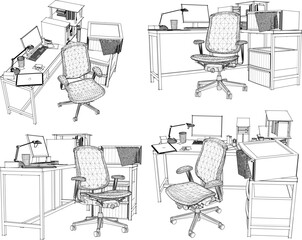 Vector sketch illustration of the interior design of a guy's work desk - obrazy, fototapety, plakaty