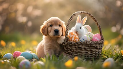Happy Easter Holiday concept. Cute golden retriever puppy dog wearing easter bunny costume in easter basket with rabbit, flower garden egg background. Spring festive season greeting card wallpaper.