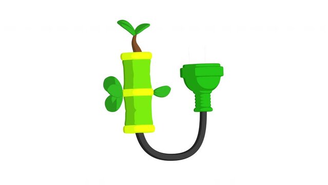 Cartoon green plant and power plug floating animation with sustainability theme looping on white background, green screen, overlay, and alpha matte clips with the same duration. 3d render.