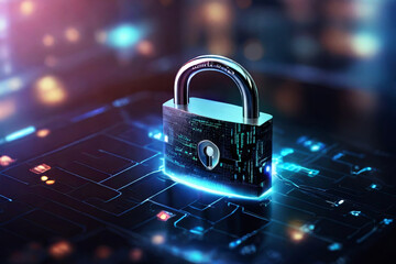 Enhance cybersecurity with a digital padlock icon on a virtual interface screen. Safeguard your online presence and protect business data privacy against cyber threats.