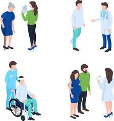 Fototapeta premium Elderly woman reading, patient talking to doctor, caregiver with senior man in wheelchair, pregnant couple with doctor. Medical consultation, healthcare settings vector illustration.