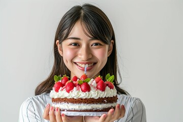 ケーキを手に笑顔で幸せそうな日本人女性（誕生日・お祝い・記念日）