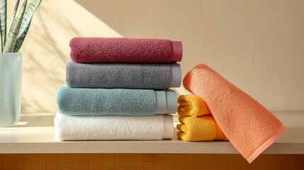 Obraz na płótnie Canvas towels on the booth, different colors, high saturation, strong color contrast, Japanese style, warm and bright images, simple and clean, minimalist background, light effects, warm light, 35mm focal le