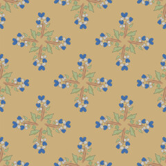 Seamless geometrical floral pattern with cross shape bouquets of blooming branches. Wild pansy or viola tricolor flower. On yellow beige background.