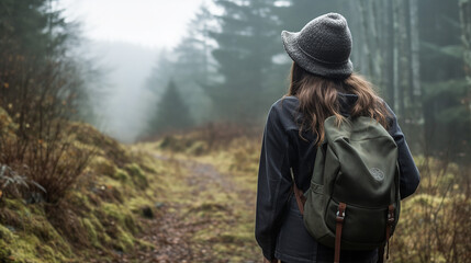 woman with knit hat and backpack hiking in foggy wooden forest