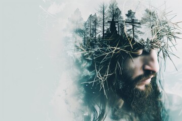Double exposure of Jesus Christ wearing crown of thorns Passion and Resurection. jesus day holy,Easter card, Good Friday.thanksgivings,cross,forest, backgrounds. - obrazy, fototapety, plakaty