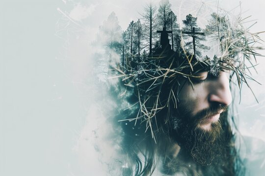 Double exposure of Jesus Christ wearing crown of thorns Passion and Resurection. jesus day holy,Easter card, Good Friday.thanksgivings,cross,forest, backgrounds.