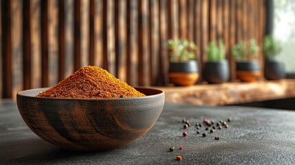 épice curry dans un bol dans une cuisine en bois - obrazy, fototapety, plakaty