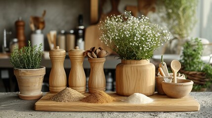 Accessoires de table en bois dans une cuisine rustique - obrazy, fototapety, plakaty