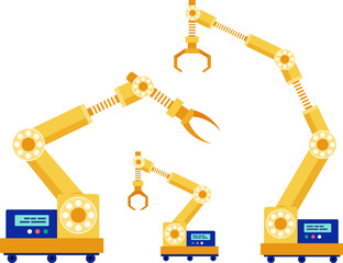 Robotic arms with various end effectors on white background. Industrial robots, automation concept, manufacturing vector illustration.