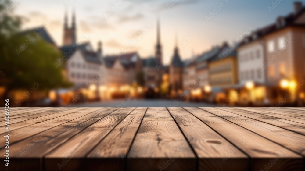 Poster the empty wooden table top with blur background of town square. exuberant image. generative ai