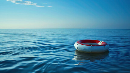 Lifebuoy floating on the open blue sea.