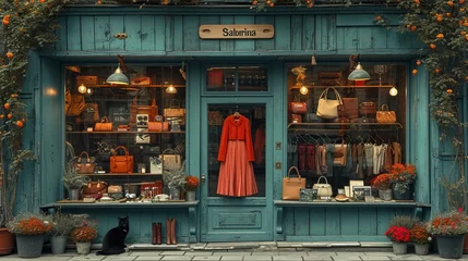 Fotobehang devanture de boutique vintage avec des sacs et robes, retro. © jp