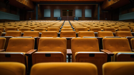 Fototapeta premium Empty orange seats in a dimly lit auditorium.